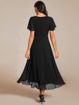 Ruffles Sleeve Pleated V-Neck A-Line Midi Chiffon Wedding Guest Dress – Black