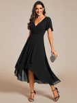 Ruffles Sleeve Pleated V-Neck A-Line Midi Chiffon Wedding Guest Dress – Black