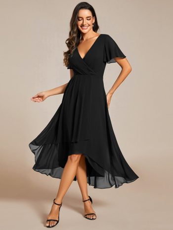 Ruffles Sleeve Pleated V-Neck A-Line Midi Chiffon Wedding Guest Dress - Black