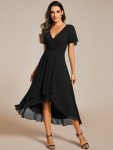 Ruffles Sleeve Pleated V-Neck A-Line Midi Chiffon Wedding Guest Dress – Black