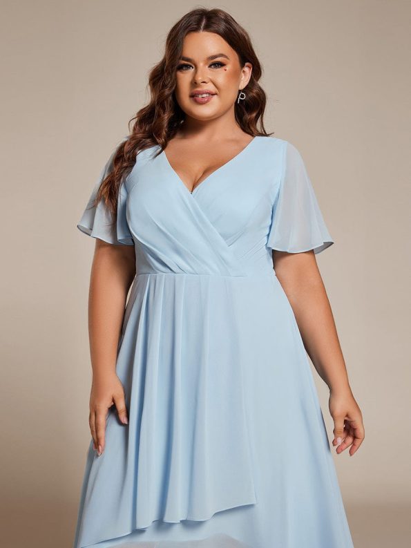 Ruffles Sleeve Pleated V-Neck A-Line Midi Chiffon Wedding Guest Dress - Sky Blue