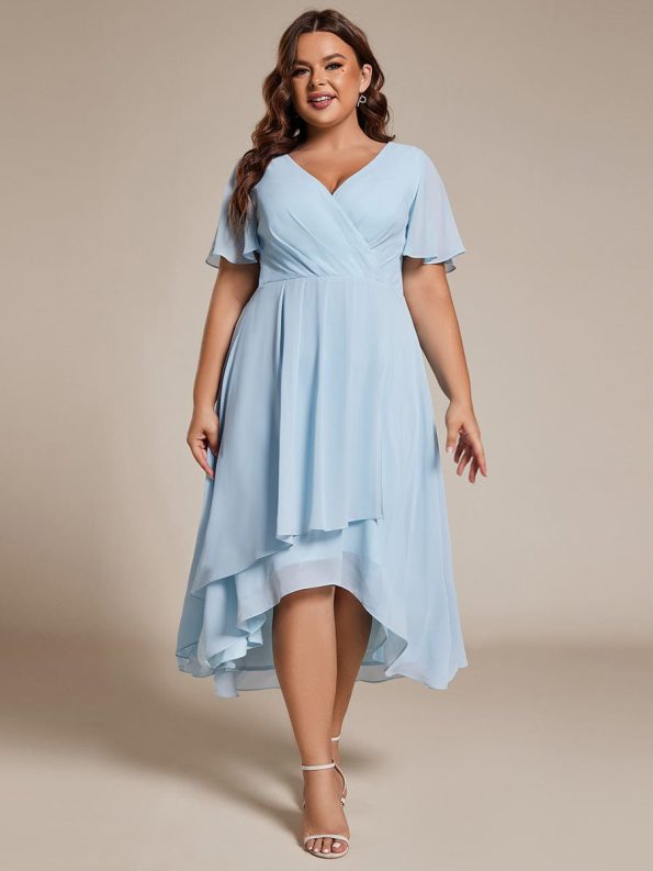 Ruffles Sleeve Pleated V-Neck A-Line Midi Chiffon Wedding Guest Dress - Sky Blue