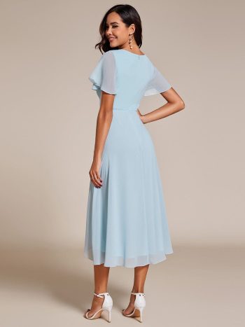 Ruffles Sleeve Pleated V-Neck A-Line Midi Chiffon Wedding Guest Dress - Sky Blue