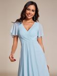 Ruffles Sleeve Pleated V-Neck A-Line Midi Chiffon Wedding Guest Dress – Sky Blue