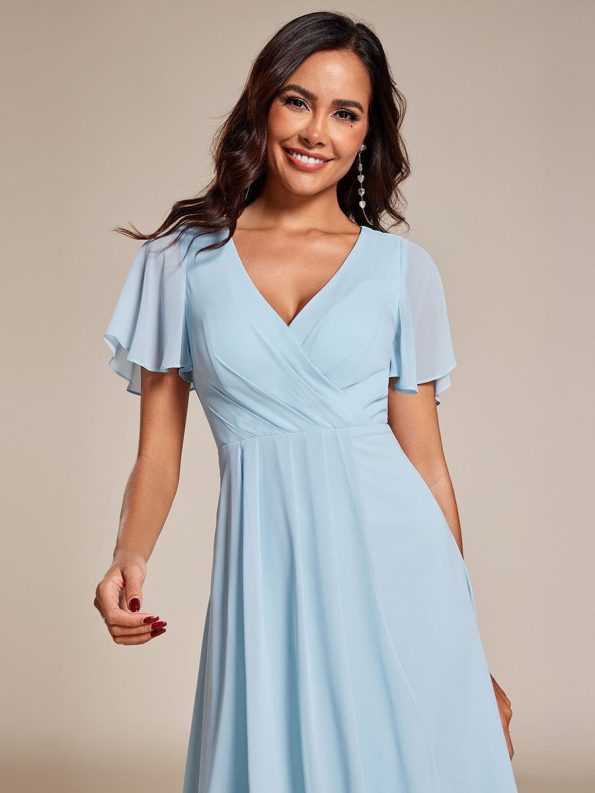 Ruffles Sleeve Pleated V-Neck A-Line Midi Chiffon Wedding Guest Dress - Sky Blue