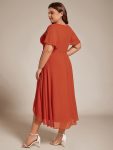 Ruffles Sleeve Pleated V-Neck A-Line Midi Chiffon Wedding Guest Dress – Burnt Orange