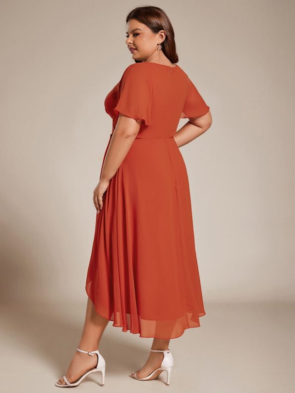 Ruffles Sleeve Pleated V-Neck A-Line Midi Chiffon Wedding Guest Dress - Burnt Orange