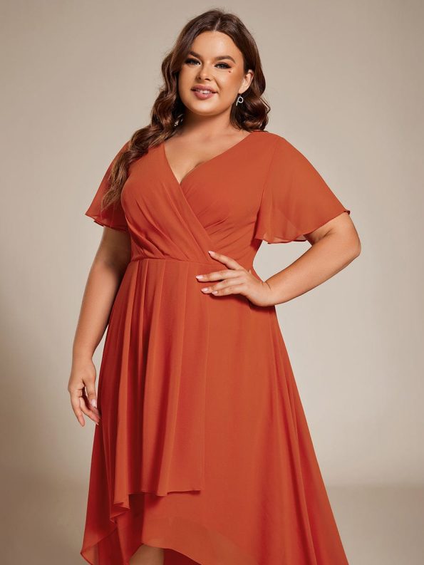 Ruffles Sleeve Pleated V-Neck A-Line Midi Chiffon Wedding Guest Dress - Burnt Orange