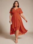 Ruffles Sleeve Pleated V-Neck A-Line Midi Chiffon Wedding Guest Dress – Burnt Orange