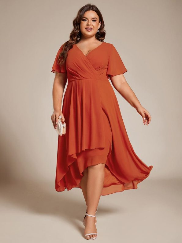 Ruffles Sleeve Pleated V-Neck A-Line Midi Chiffon Wedding Guest Dress - Burnt Orange