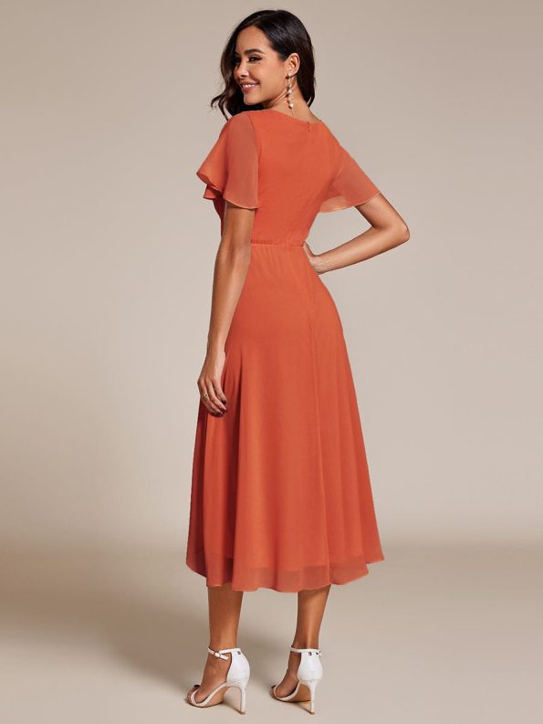 Ruffles Sleeve Pleated V-Neck A-Line Midi Chiffon Wedding Guest Dress - Burnt Orange