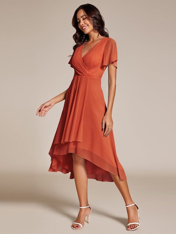 Ruffles Sleeve Pleated V-Neck A-Line Midi Chiffon Wedding Guest Dress - Burnt Orange