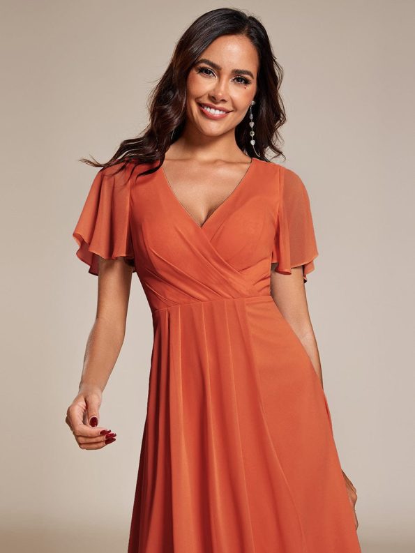 Ruffles Sleeve Pleated V-Neck A-Line Midi Chiffon Wedding Guest Dress - Burnt Orange