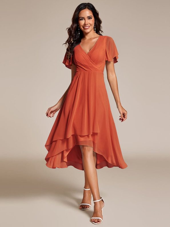 Ruffles Sleeve Pleated V-Neck A-Line Midi Chiffon Wedding Guest Dress - Burnt Orange