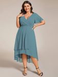 Ruffles Sleeve Pleated V-Neck A-Line Midi Chiffon Wedding Guest Dress – Dusty Blue