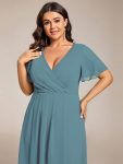 Ruffles Sleeve Pleated V-Neck A-Line Midi Chiffon Wedding Guest Dress – Dusty Blue