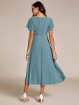 Ruffles Sleeve Pleated V-Neck A-Line Midi Chiffon Wedding Guest Dress – Dusty Blue