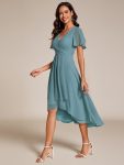 Ruffles Sleeve Pleated V-Neck A-Line Midi Chiffon Wedding Guest Dress – Dusty Blue