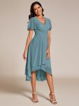 Ruffles Sleeve Pleated V-Neck A-Line Midi Chiffon Wedding Guest Dress – Dusty Blue