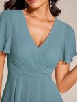 Ruffles Sleeve Pleated V-Neck A-Line Midi Chiffon Wedding Guest Dress – Dusty Blue