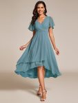 Ruffles Sleeve Pleated V-Neck A-Line Midi Chiffon Wedding Guest Dress – Dusty Blue