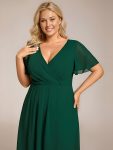 Ruffles Sleeve Pleated V-Neck A-Line Midi Chiffon Wedding Guest Dress – Dark Green