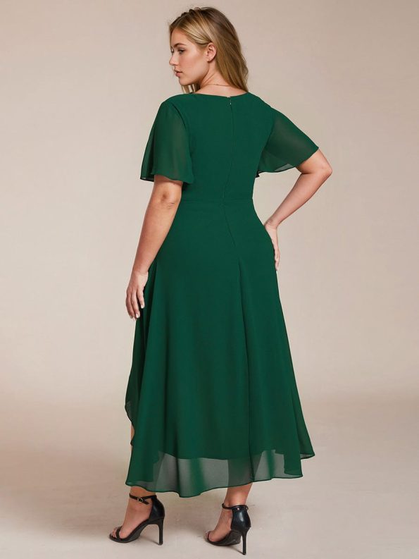 Ruffles Sleeve Pleated V-Neck A-Line Midi Chiffon Wedding Guest Dress - Dark Green