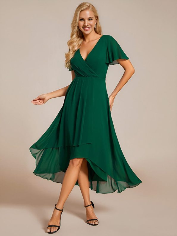 Ruffles Sleeve Pleated V-Neck A-Line Midi Chiffon Wedding Guest Dress - Dark Green