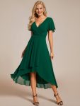 Ruffles Sleeve Pleated V-Neck A-Line Midi Chiffon Wedding Guest Dress – Dark Green