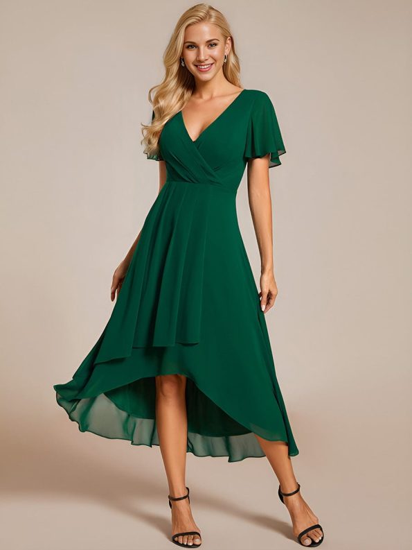 Ruffles Sleeve Pleated V-Neck A-Line Midi Chiffon Wedding Guest Dress - Dark Green