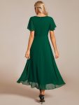 Ruffles Sleeve Pleated V-Neck A-Line Midi Chiffon Wedding Guest Dress – Dark Green