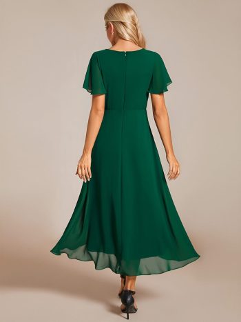 Ruffles Sleeve Pleated V-Neck A-Line Midi Chiffon Wedding Guest Dress - Dark Green