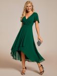 Ruffles Sleeve Pleated V-Neck A-Line Midi Chiffon Wedding Guest Dress - Dark Green