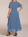 Ruffles Sleeve Pleated V-Neck A-Line Midi Chiffon Wedding Guest Dress – Dusty Navy