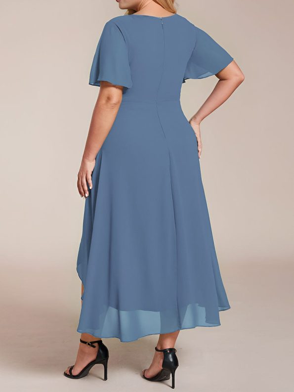 Ruffles Sleeve Pleated V-Neck A-Line Midi Chiffon Wedding Guest Dress - Dusty Navy