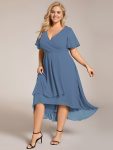 Ruffles Sleeve Pleated V-Neck A-Line Midi Chiffon Wedding Guest Dress – Dusty Navy