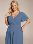 Ruffles Sleeve Pleated V-Neck A-Line Midi Chiffon Wedding Guest Dress – Dusty Navy