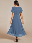 Ruffles Sleeve Pleated V-Neck A-Line Midi Chiffon Wedding Guest Dress – Dusty Navy