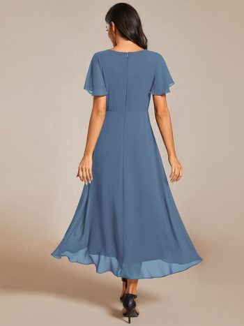 Ruffles Sleeve Pleated V-Neck A-Line Midi Chiffon Wedding Guest Dress - Dusty Navy