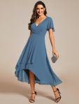 Ruffles Sleeve Pleated V-Neck A-Line Midi Chiffon Wedding Guest Dress – Dusty Navy