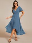 Ruffles Sleeve Pleated V-Neck A-Line Midi Chiffon Wedding Guest Dress – Dusty Navy