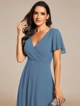 Ruffles Sleeve Pleated V-Neck A-Line Midi Chiffon Wedding Guest Dress – Dusty Navy