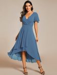 Ruffles Sleeve Pleated V-Neck A-Line Midi Chiffon Wedding Guest Dress – Dusty Navy