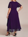 Ruffles Sleeve Pleated V-Neck A-Line Midi Chiffon Wedding Guest Dress – Dark Purple