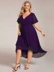 Ruffles Sleeve Pleated V-Neck A-Line Midi Chiffon Wedding Guest Dress – Dark Purple