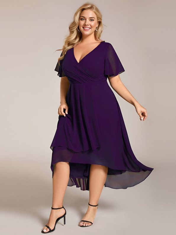 Ruffles Sleeve Pleated V-Neck A-Line Midi Chiffon Wedding Guest Dress - Dark Purple