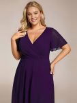 Ruffles Sleeve Pleated V-Neck A-Line Midi Chiffon Wedding Guest Dress – Dark Purple