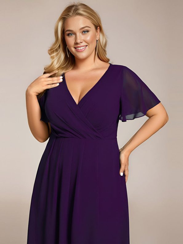 Ruffles Sleeve Pleated V-Neck A-Line Midi Chiffon Wedding Guest Dress - Dark Purple