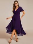 Ruffles Sleeve Pleated V-Neck A-Line Midi Chiffon Wedding Guest Dress – Dark Purple