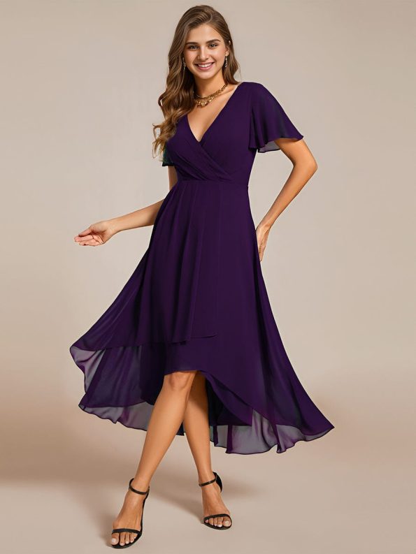 Ruffles Sleeve Pleated V-Neck A-Line Midi Chiffon Wedding Guest Dress - Dark Purple